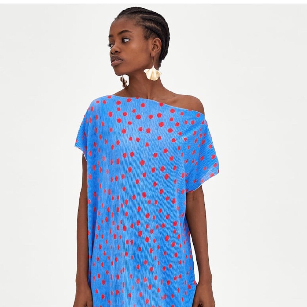 ZARA Woman Blue Red Polka Dot Long Midi Maxi Dress